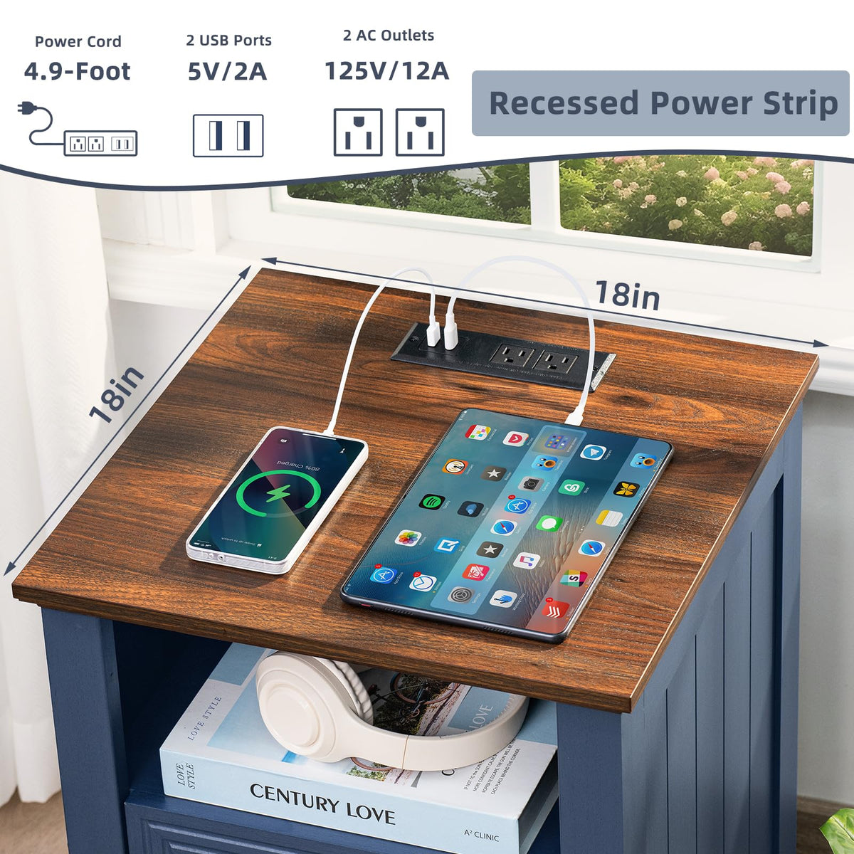 18" Blue Wooden Nightstand Set of 2 with Charging Station W58842
