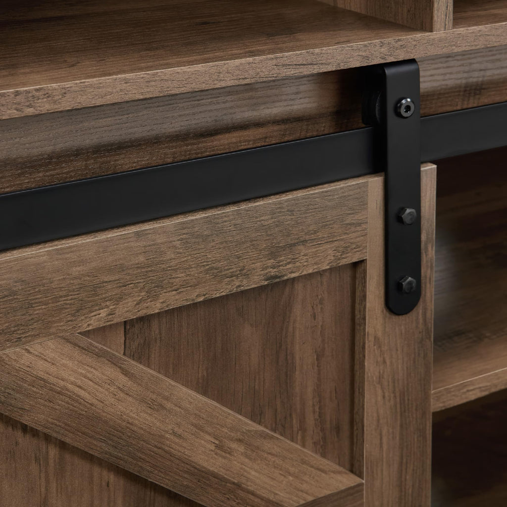 Natural Brown Wood TV Stand with Sliding Barn Door I15238