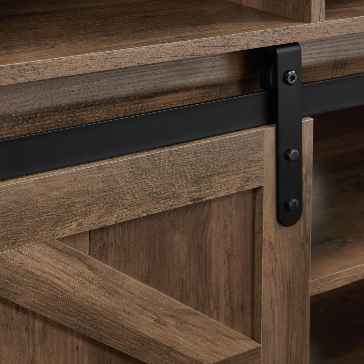 Natural Brown Wood TV Stand with Sliding Barn Door I15238