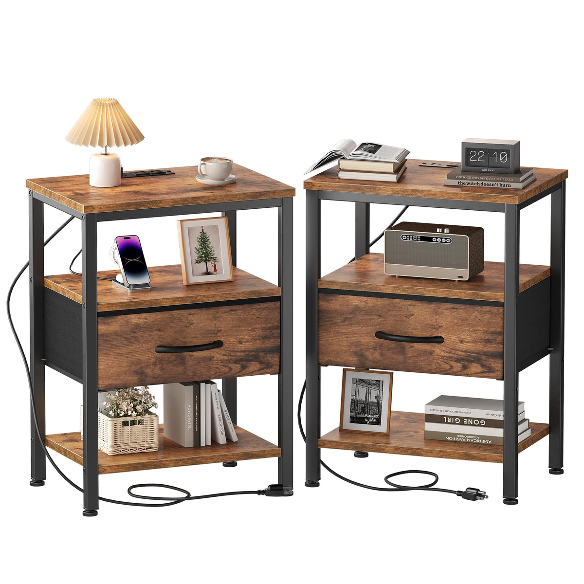 Nightstand with Charging Station and Fabric Drawer M7644