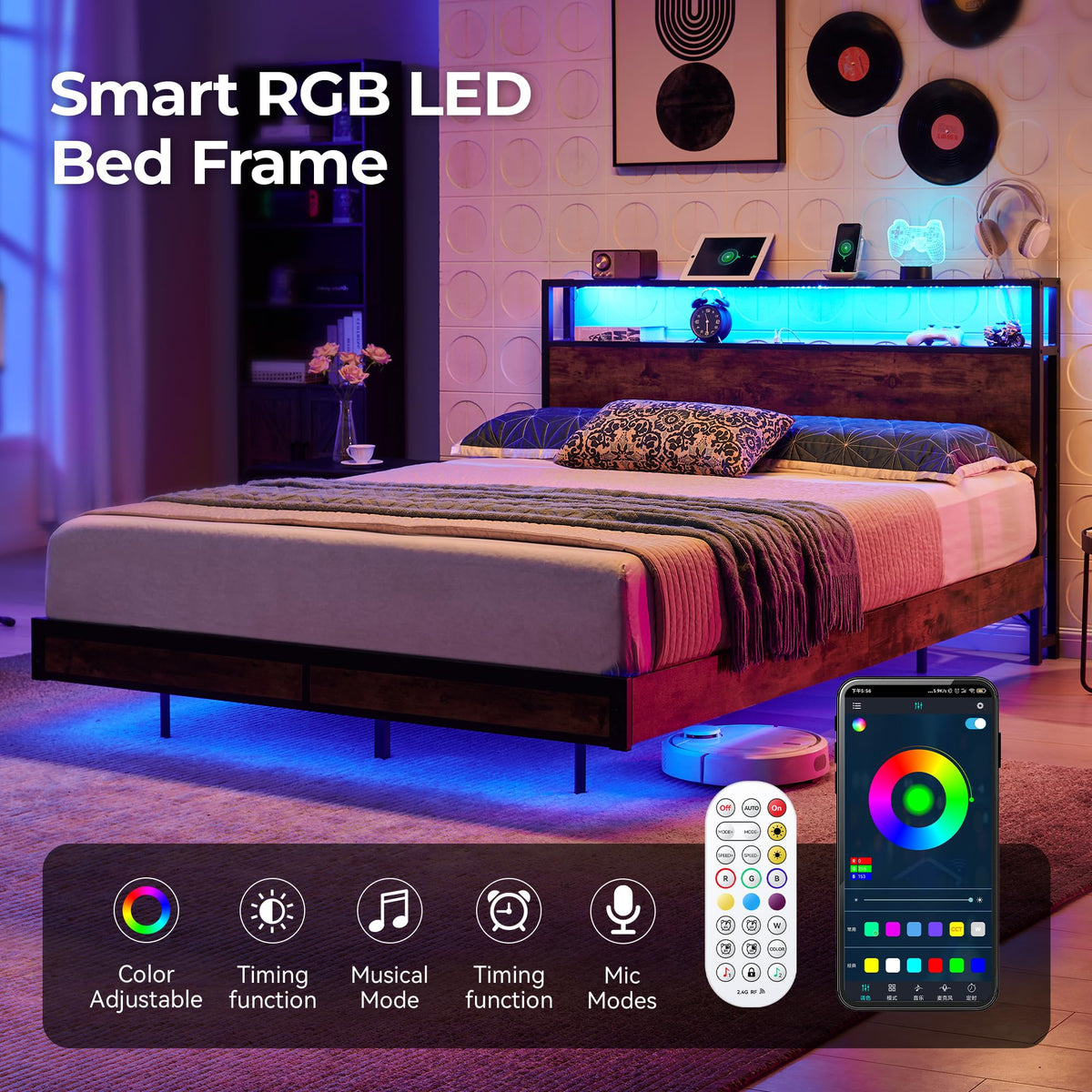 Queen Size Metal Platform Bed Frame with Storage Headboard and LED Lights V21755