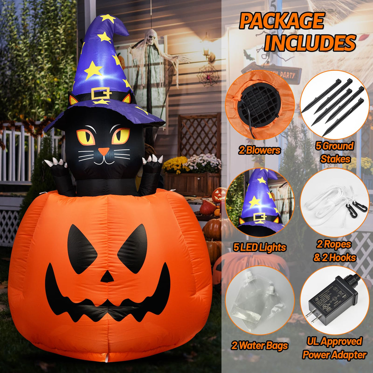 Halloween Inflatable Animated Witch Cat in Pumpkin Q332454