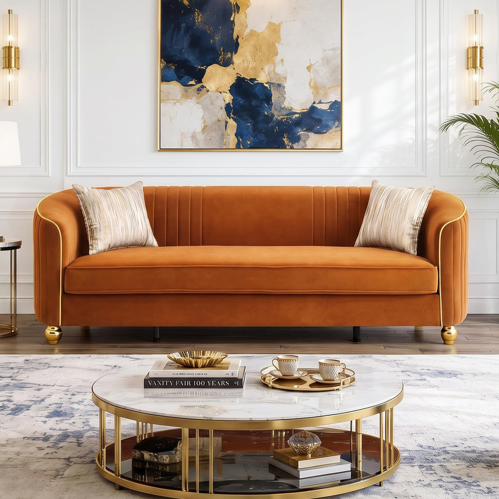 Velvet Modern Sofa Couch 3-Seater Deep Seat Sofa, Orange P87951