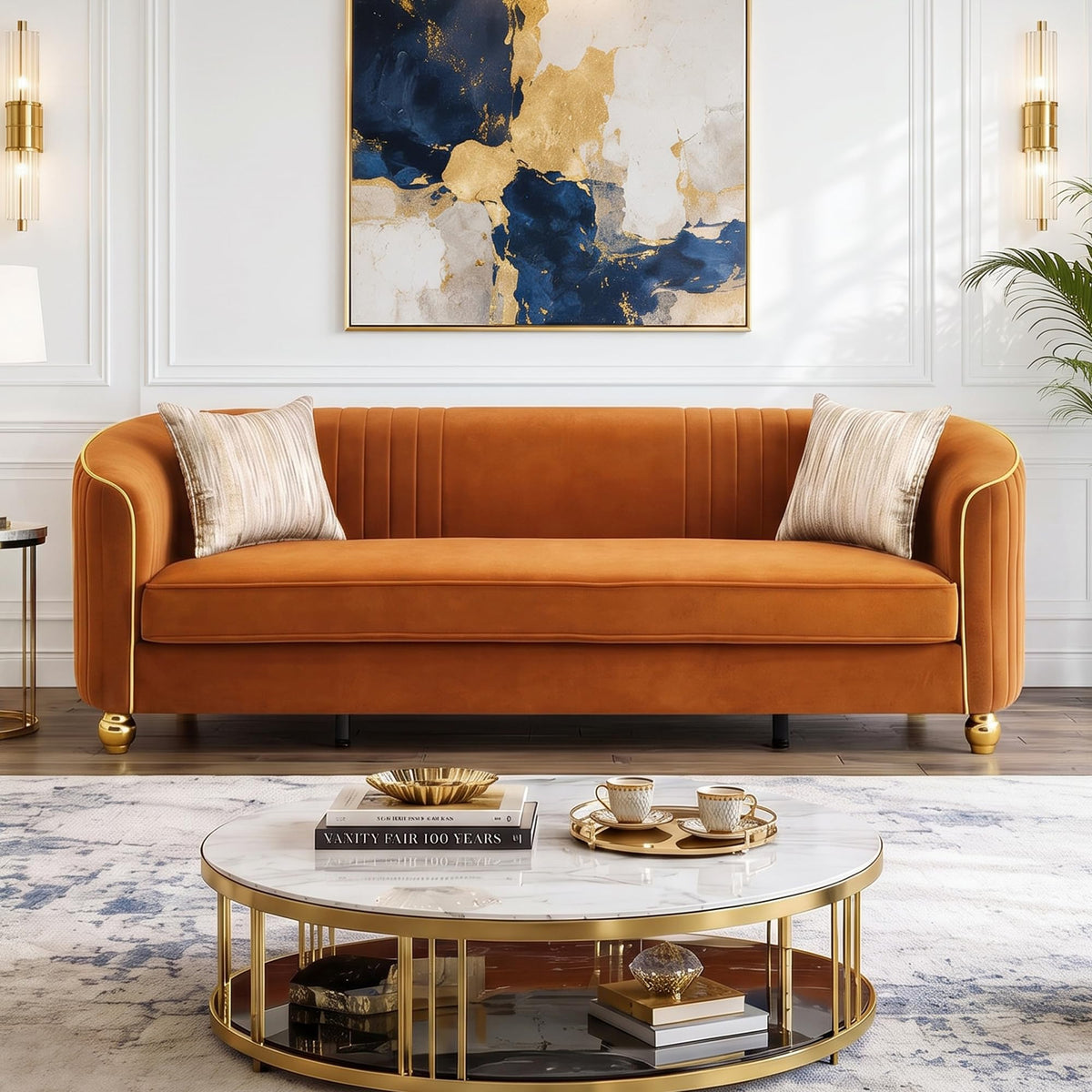 Velvet Modern Sofa Couch 3-Seater Deep Seat Sofa, Orange P87951