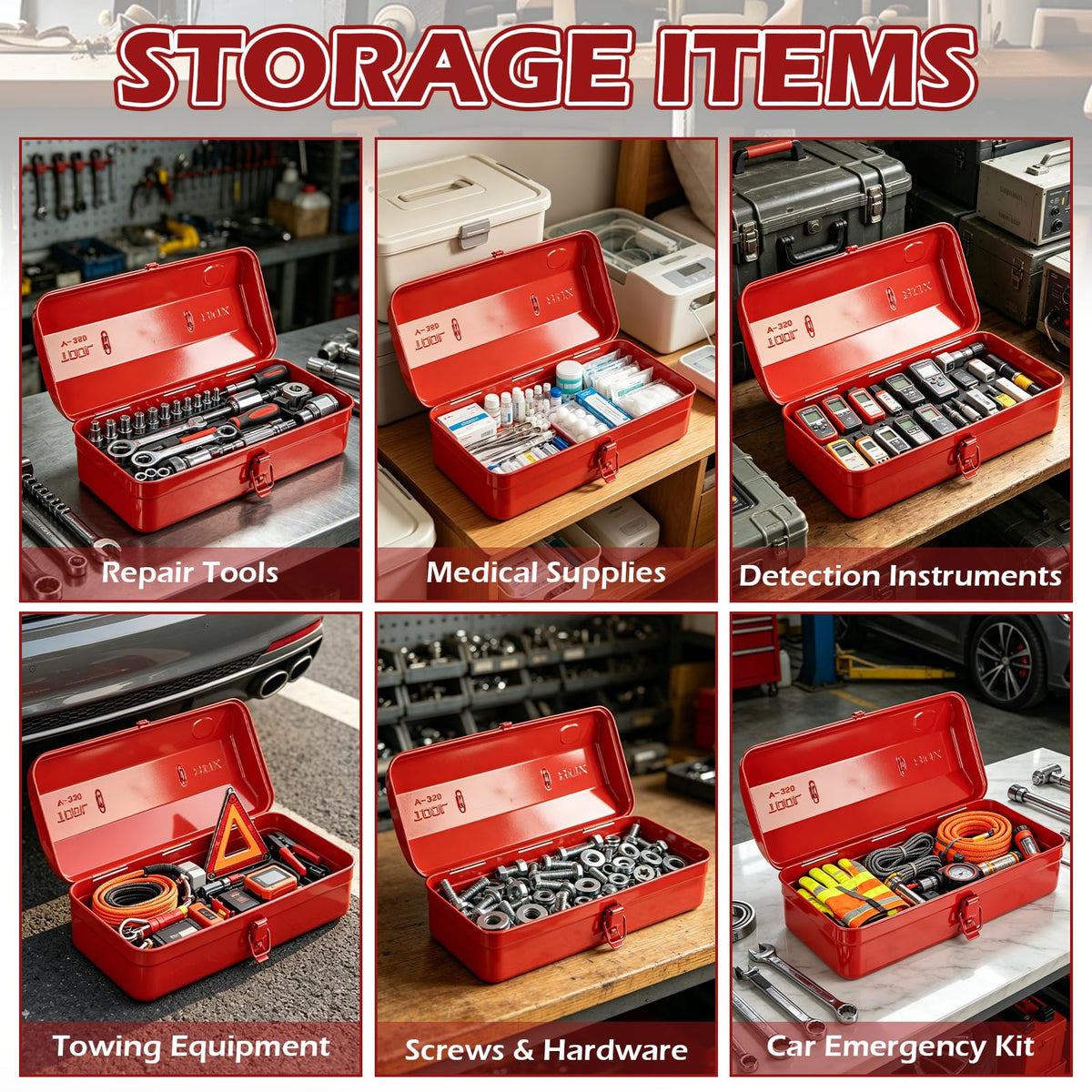 14 Inch Red Metal Tool Box with Latch and Handle M3782
