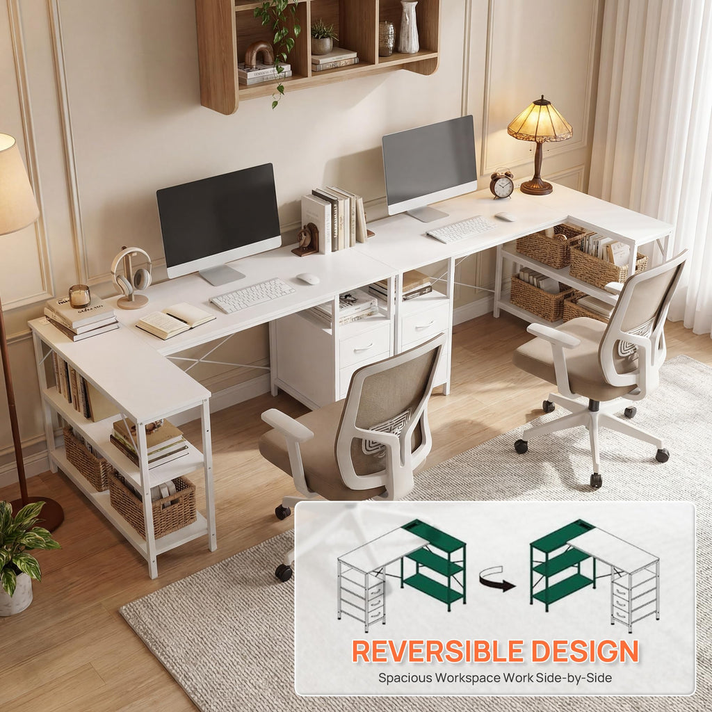 White 47 Inch L Shaped Gaming Desk with 3 Drawers and Shelves T889814