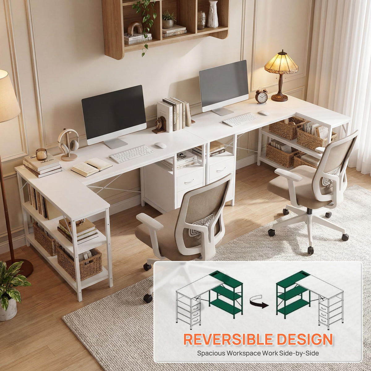 White 47 Inch L Shaped Gaming Desk with 3 Drawers and Shelves T889814