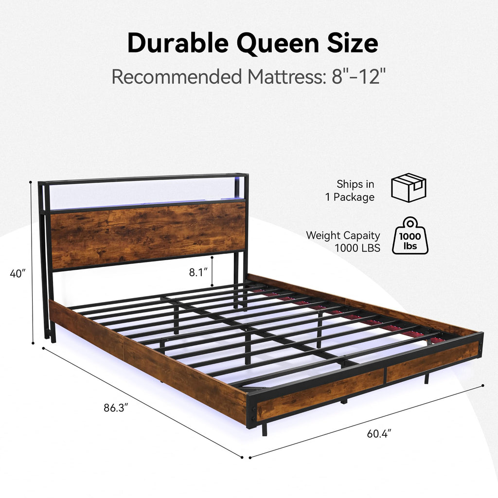 Queen Size Metal Platform Bed Frame with Storage Headboard and LED Lights V21755
