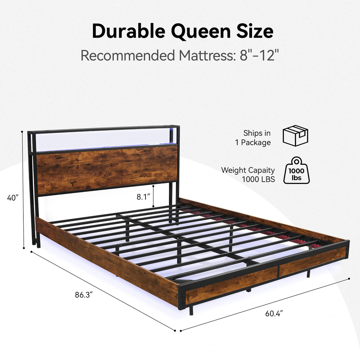 Queen Size Metal Platform Bed Frame with Storage Headboard and LED Lights V21755