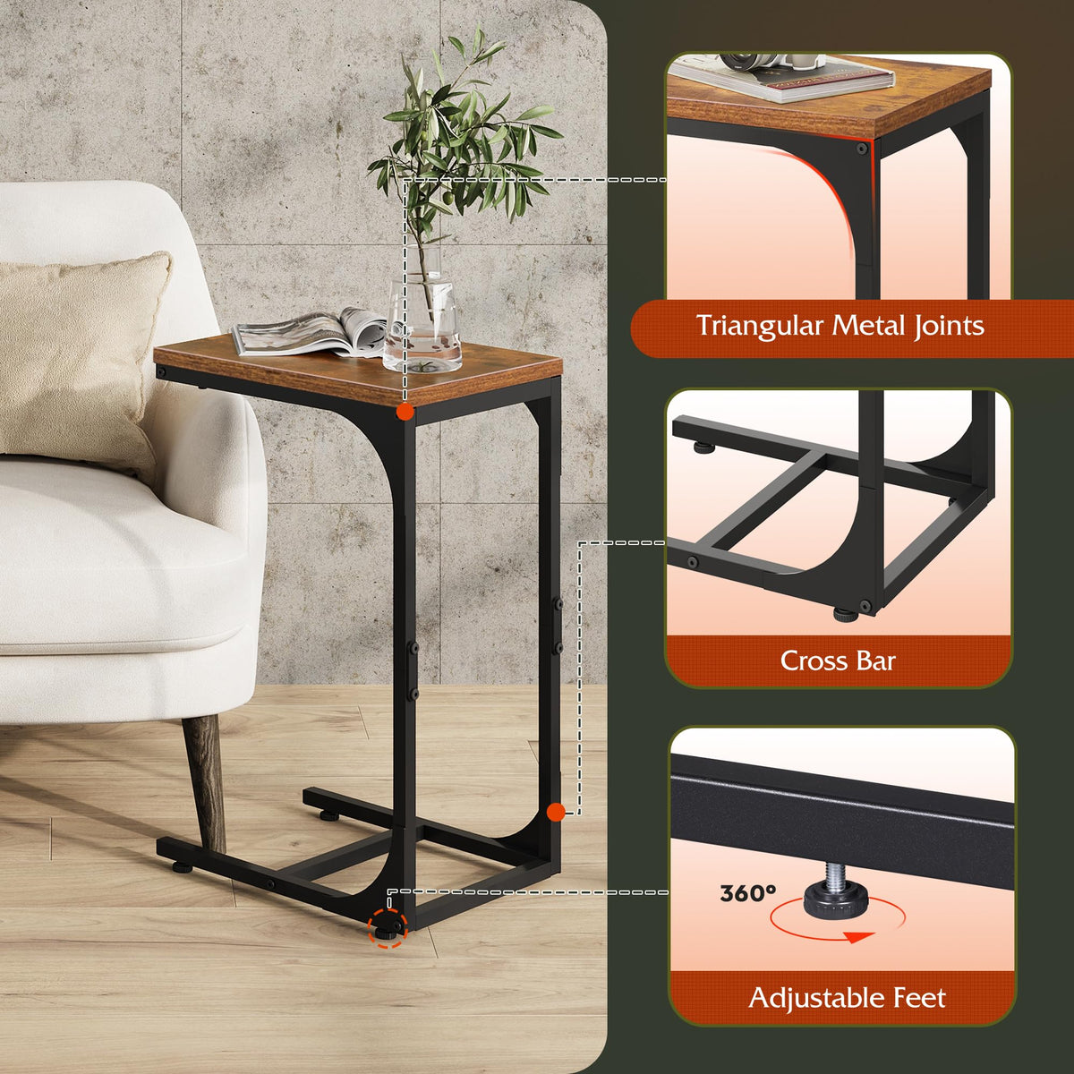 C-Shaped End Table Set of 2 Metal Frame U897004