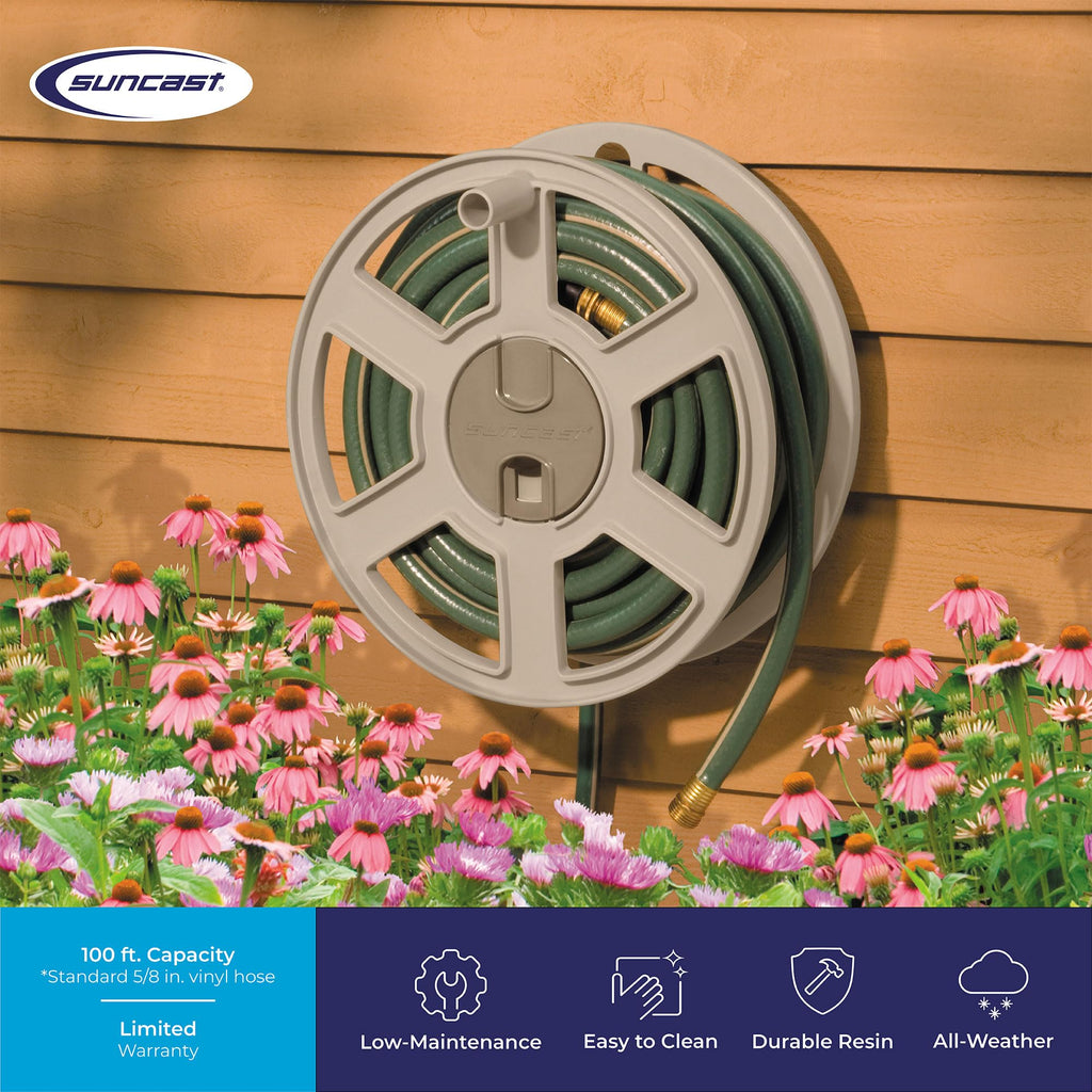 Wall Mount Garden Hose Reel 100 Feet Capacity Light Taupe Resin T490