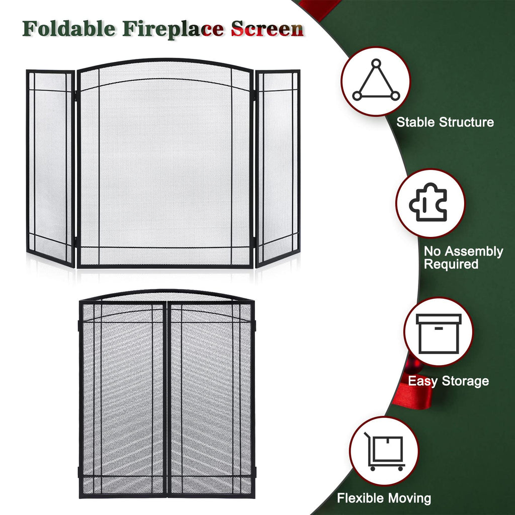 3 Panel 48" W x 29" H Foldable Wrought Metal Decorative Mesh Fireplace Screen F15822
