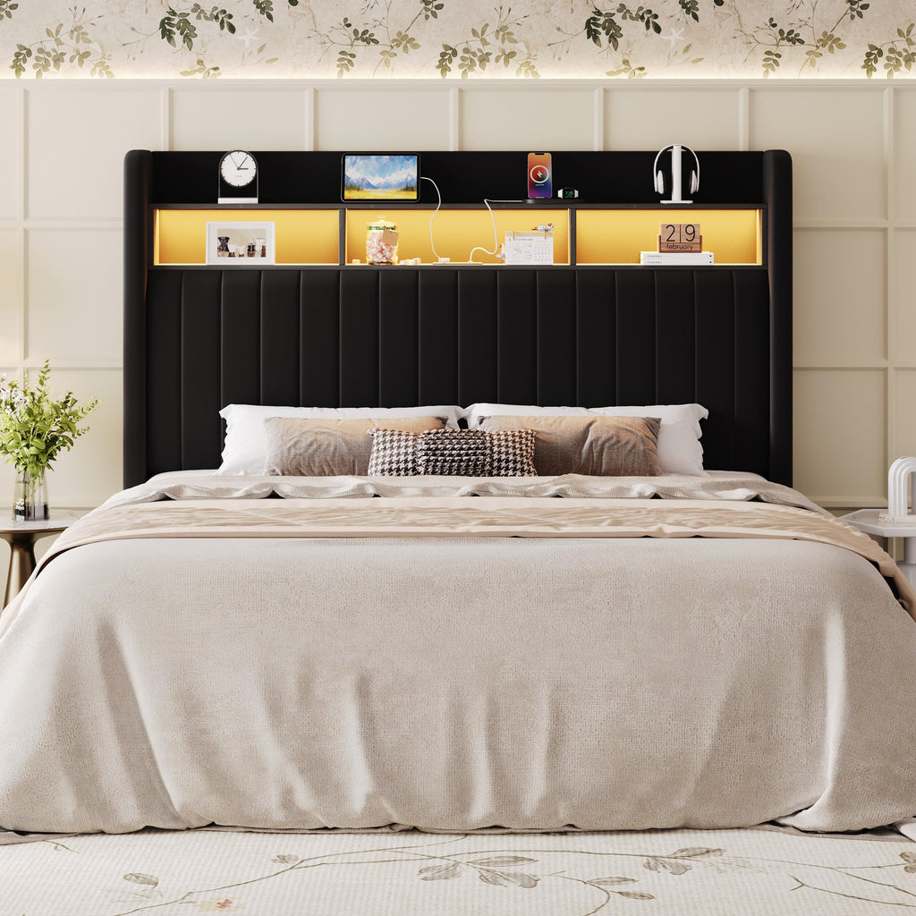 Full Size Velvet Upholstered Platform Bed Frame with Storage Shelf P298