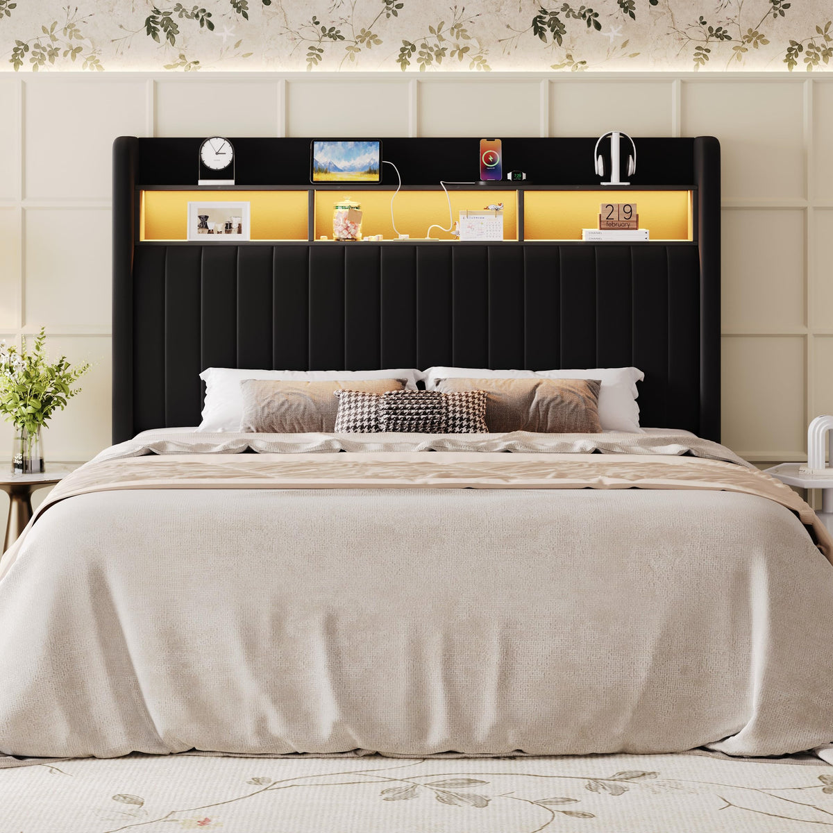 Full Size Velvet Upholstered Platform Bed Frame with Storage Shelf P298
