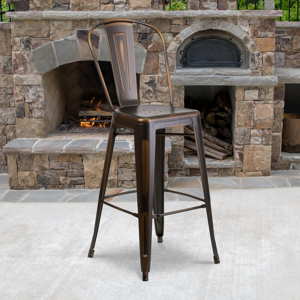 Distressed Copper Metal Indoor-Outdoor Barstool with Back U858