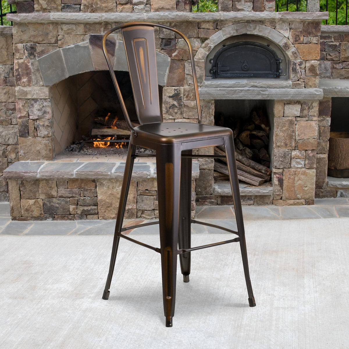 Distressed Copper Metal Indoor-Outdoor Barstool with Back U858