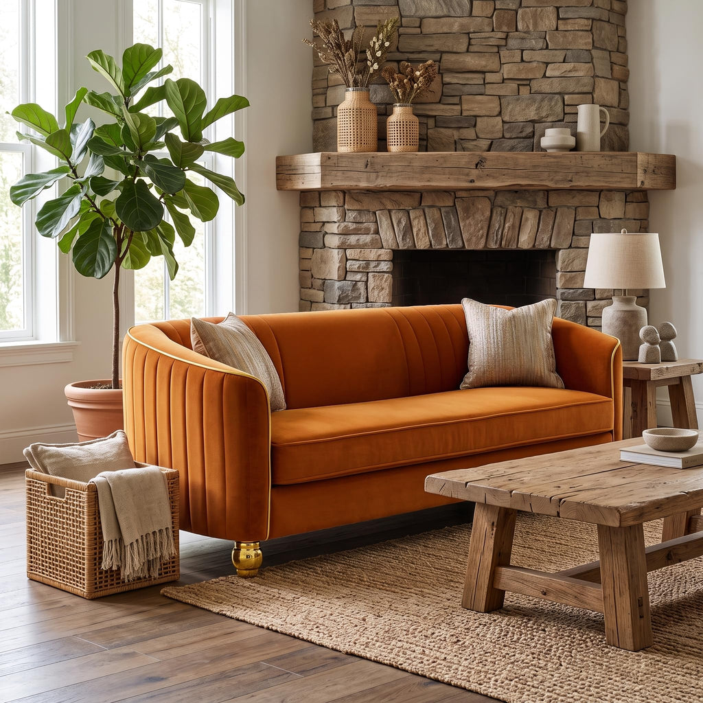 Velvet Modern Sofa Couch 3-Seater Deep Seat Sofa, Orange P87951