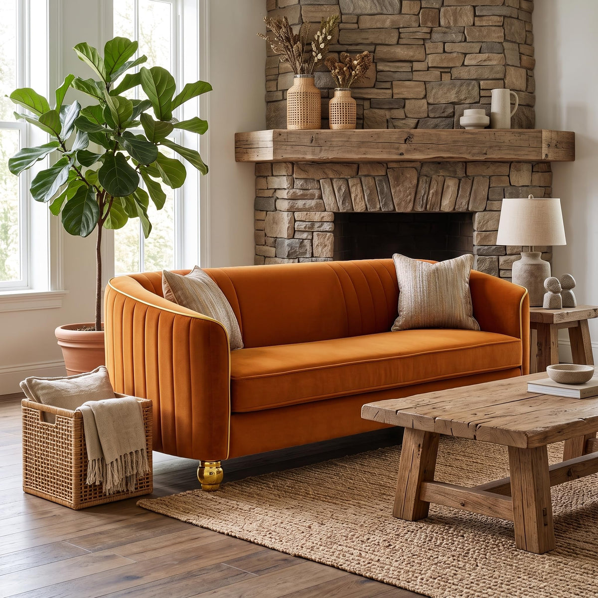 Velvet Modern Sofa Couch 3-Seater Deep Seat Sofa, Orange P87951