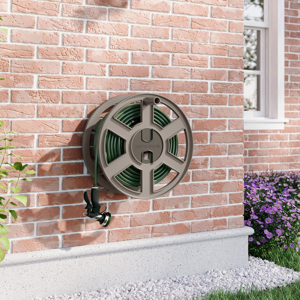 Wall Mount Garden Hose Reel 100 Feet Capacity Light Taupe Resin T490