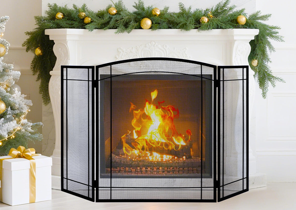 3 Panel 48" W x 29" H Foldable Wrought Metal Decorative Mesh Fireplace Screen F15822