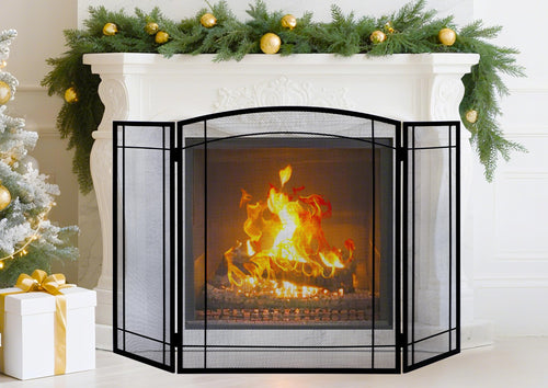 3 Panel 48" W x 29" H Foldable Wrought Metal Decorative Mesh Fireplace Screen F15822