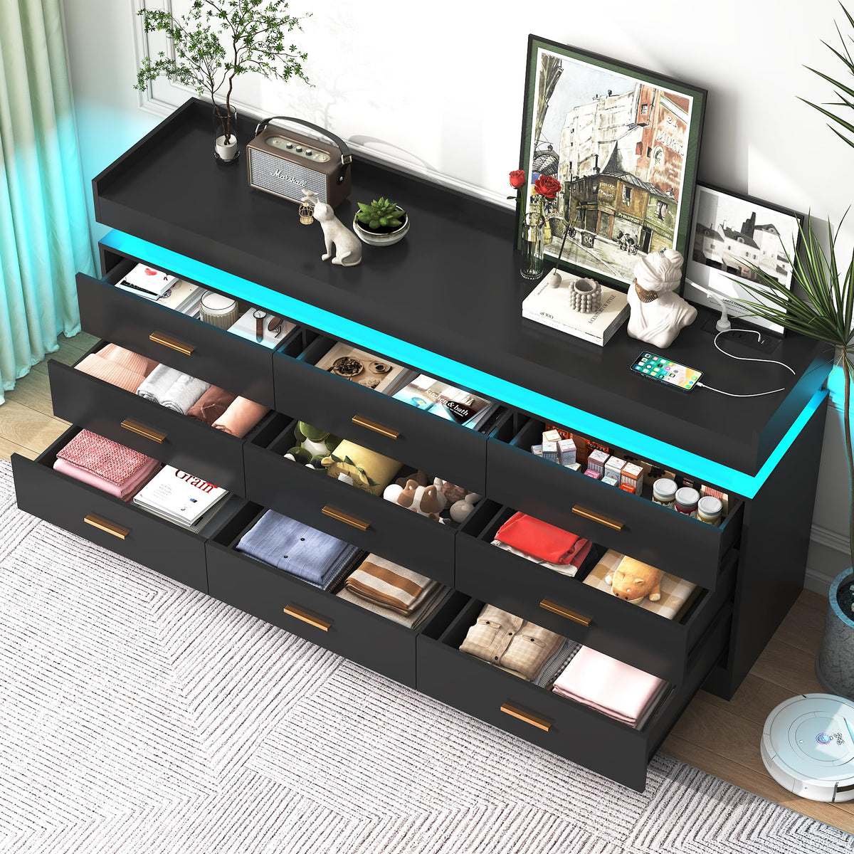 Black 9 Drawer Dresser with Charging Station and LED Lights M570